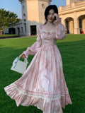 Taooba  party look inspos Elegant Sweet Pink Print Midi Dresses for Women Flower Square Collar Lantern Sleeve Lace Patchwork Long Dress Autumn Party Robe