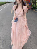 Taooba  party look inspos French Fairy Chiffon Midi Dress Women Short Sleeve Casual Boho Beach Sundress Women Pink Elegant Korean Dress 2025 Summer Chic