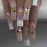 Taooba 24 Fashionable Long Coffin Shaped French&flower Pattern 3D 3D Dot Diamond Fake Nails ABS Full Face Glossy Fake Nails