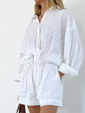 Taooba- Two Piece Set Striped Long Sleeve Shirt Elastic Waist Short