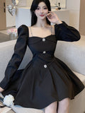 Taooba  party look inspos Korean Style Solid Mini Dress Women Long Sleeve Square Collar Spring Fashion High Waist Female Birthday Party Vestidos Mujer