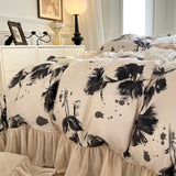 Taooba Chiffon Lace Egyptian Cotton Bedding Set Luxury Ink wash Style Pleat Duvet Cover Bed Skirt Pillowcases Bedspread King Queen Size