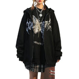 Taooba Harajuku E-girl Gothic Dark Academia Sweatshirts Grunge Punk Letter Wings Graphic Zip Up Hoodie Y2K Aesthetic Mall Goth Coat