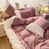 Taooba Christmas Gift Princess Lace Ruffles Bedspread Bedding Set Luxury Korean Duvet Quilt Cover Bed Skirt Sheet Pillowcases For Girl S Woman