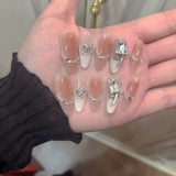 Taooba 10Pcs French Handmade Almond Press On Nails Ballerina Simple with Rhinestones Wearable False Nails Decoration Fake Nail Tips Art