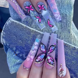 Taooba Christmas nail 24Pcs Long Ballet False Nails Pink Butterfly with Rhinestones French Design Wearable Fake Nails Glitter Press on Nails Tips Art