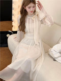 Taooba  party look inspos Elegant Chiffon Dress Women Solid Flare Sleeve Bow O-neck Autumn Spring Korean Style Y2K Evening Party Wedding Robe Vestidos New