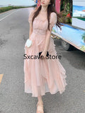 Taooba  party look inspos French Fairy Chiffon Midi Dress Women Short Sleeve Casual Boho Beach Sundress Women Pink Elegant Korean Dress 2025 Summer Chic