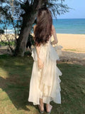 Taooba  party look inspos Elegant Irregular Ruffles Midi Dress Women New Summer Solid Spaghetti Strap Beach Vocation Korean Chic Female Casual Vestidos