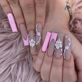 Taooba Christmas nail 24Pcs Long Ballet False Nails Pink Butterfly with Rhinestones French Design Wearable Fake Nails Glitter Press on Nails Tips Art