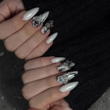 Taooba Christmas nail 24Pcs False Nails Spicy Girl Silver Bow with Diamond Fake Nails with Glue Almond Press on Nails Black Cool Y2k Almond Nail Set