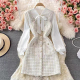 Taooba Christmas Gift outfit  dress to impress codes Autumn  Socialite Elegant Bow Lace-up Shirt Two-Piece Suit Tweed Plaid Sling Dress