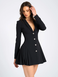 Taooba Christmas Gift outfit   Autumn Black Blazer Mini Dress For Women Fashion V Neck Single-breasted Long Sleeve High Waist Pleated Sexy Dress