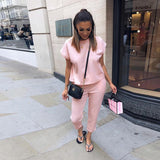 Taooba Christmas Gift outfit  Summer Plus Size Conjuntos Pink Two Piece Outfits Pants Set Casual O Neck Tracksuit Women Vetement Femme Moletom Mujer Moda 2021