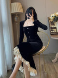 Taooba  party look inspos Vintage Bodycon Black Velvet Mermaid Party Dress Women Elegant Square Collar Lace Patchwork Evening Vestidos Autumn Prom Robe