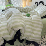 Taooba Christmas Gift Ins French Bedding Set Lace Cream Green Strip Duvet Cover Water Washing Cotton Bed Sheet Thin Slice And Thin Slice