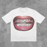 Taooba T Shirt Y2K Short Sleeve Tops Harajuku Hip Hop Retro Teeth Graphic Print Oversized TShirt Mens Womens Round Neck Cotton Clothes