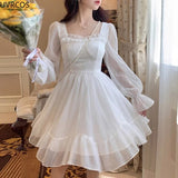 Taooba  party look inspos French Style Sweet Fairy Dress Women Cute Bow Chiffon Y2k Mini Princess Dress Girl One Piece Lolita Party Elegant White Dresses