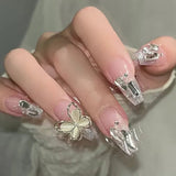 24pcs/bag Handmade Wearing Armor Fake Nails Press On Nail Tips Full Cover False Nails Oval Butterfly Glitter Nail Art Sculpted