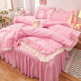 Taooba Christmas Gift Pink Lace Ruffle Bedding Set Luxury Bed Skirt Sheet Bedspread Korean Duvet Cover Girls Princess Bedspread Pillowcases