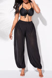 Taooba - Black Fashion Casual Solid See-through Slit Regular High Waist Trousers