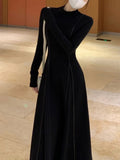 Taooba  party look inspos Women Elegant Casual Long Sleeve Dress Autumn Black Vintage Solid Chic Holiday A-Line Party Dresses Female Fashion Vestidos Robe