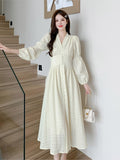 Taooba  party look inspos Vintage Long Sleeve Dresses Autumn New French Elegant V Neck Single Breasted Women Fairy Dress Solid High Waist Ladies Robe New