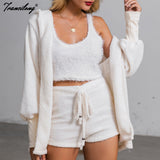 Taooba Christmas Gift outfit  Autumn Velvet Three Piece Suit Outfits Sexy Women White Matching Set Crop Top And Shorts Lounge Home Wear Pijama Oversize Winter