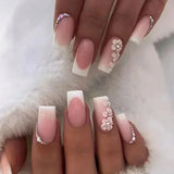 Taooba Christmas Nail  24Pcs Long Ballet False Nails Glitter White Flower  with French Design Wearable Fake Nails Butterfly Press on Nail Tips Art