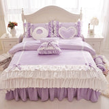 Taooba-Pink Purple Blue Korean Princess Girl Fleece Fabric Bedding Set White Ruffle Bow Duvet Cover Flannel Velvet Bed Skirt Pillowcase