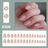 Taooba Christmas nail 24Pcs Short Round Head Pink Fake Nails with Rose Flowers leaf Pattern Wearable Almond False Nail Full Cover Press on Nails Tips