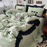 Taooba Christmas Gift Korean Princess Style Kawaii Girl Black Bow Bedding Set Skin-friendly Soft Duvet Cover Set Bed Sheet Or Bed Skirt Pillowcases