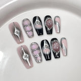 Taooba Christmas nail 10Pcs Black Handmade Press On Nails Coffin Fake Nails Full Cover Gradient Metal Contrast Artificial Manicure Wearable Nail Tips