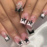 Taooba Christmas nail 24Pcs Long Coffin False Nails with Star Rhinestones Black Y2K Nail Art French Gradient Full Cover Press on Nail Tips for Girls