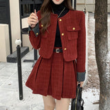 Taooba  party look inspos Autumn Winter New Red Tweed Two-piece Skirt Set Women Short Jacket Coat Pleated Mini Skirt Korean Fashion Chic Female Outfits