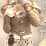 Taooba  party look inspos Sweet Lolita Style Short Cardigan Women Kawaii Lace Patchwork Ruffles Bow Knitted Coat Korean Fashion Chic Buttons Cute Crop Top