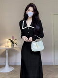 Taooba  party look inspos French Solid Autumn Winter Knitted Dress Elegant Women New Peter Pan Collar High Waist Long Dress Lady Office Sweater Vestidos