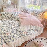 Taooba-Lovely Princess Flower Print Ruffles Bedding Set 100% Cotton Cute Girls Duvet Cover Set with Bed Sheet Kawaii Bedding Sets Soft