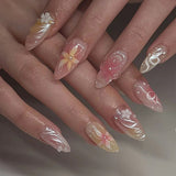 Taooba Christmas nail 24Pcs Short Round Head Almond Fake Nails with Flowers Grass Pattern Wearable False Nails Tips Summer Full Cover Press on Nails