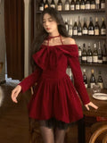 Taooba  party look inspos Autumn Y2K Velvet Mini Dress for Women Halter Long Sleeve Birthday Party Dresses Elegant New Kawaii Korea Fashion Vestidos Mujer