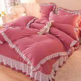 Taooba Christmas Gift Pink Princess Girls Ruffle Lace Bedding Sets Luxury Quilt Cover Bed Sheet and Pillowcases Soft Bedclothes Decor Home