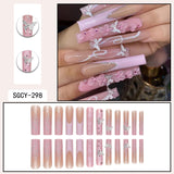 Taooba Christmas Nail  24 Pieces of Ultra Long Coffin Shaped French&gradient&flower Pattern 3D Butterfly Dot Diamond Glossy False Nails