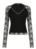 Taooba party outfit  Rockmore Lace Long Sleeve T Shirt for Women Y2K Dark Academic Bow Patchwork V Neck Pullover 2000s Gothic Slim Fit Top Streetwear