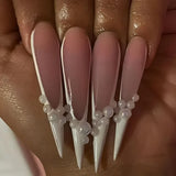 Taooba Christmas nail 24Pc Long Stiletto Press On Nails Cherry Pink French False Nails With 3D Bow Pearls Design Detachable Acrylic Fake Nail Art Tips