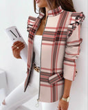 Taooba Christmas Gift outfit  Fashion Women Ruffled Long Sleeve Zipper Print Suit Women Jacket Autumn Winter Lady Coat Female Plaid Blazer Cool Gril Y2K