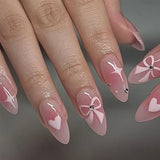 Taooba Christmas Nail  24pcs Sweet Pink False Nails Bow Heart Designs Cute Press on Nails Almond Detachable French Fake Nails Full Cover Nail Art Tips