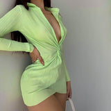 Taooba Christmas Gift outfit  V-Neck Mini Dress Long Sleeve Sexy Bodycon Skinny Summer Beach Dresses Women Twist Solid 2022 Streetwear Party Slim Dress