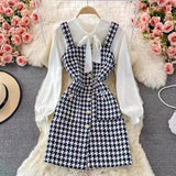 Taooba Christmas Gift outfit  dress to impress codes Autumn  Socialite Elegant Bow Lace-up Shirt Two-Piece Suit Tweed Plaid Sling Dress