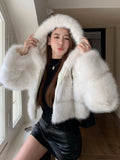 Taooba  party look inspos Fashion Hooded Faux Fur Coat Sweet Solid Long Sleeves Zipper Women's Winter Jacket Short Outerwears Femme Thick Warm Streetwears