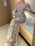 Taooba  party look inspos Sexy Women Elegant Bodycon Slim Lace Dress Vintage Casual Backless Bandage Party Dress Female Fashion Long Robe Clothes Spring